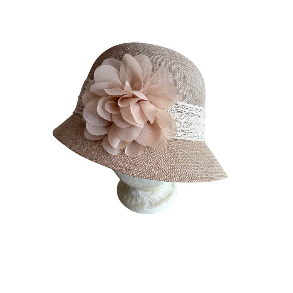 Angela & William Beige Womens Cloche Hat With Lace Band & Flower Accent
